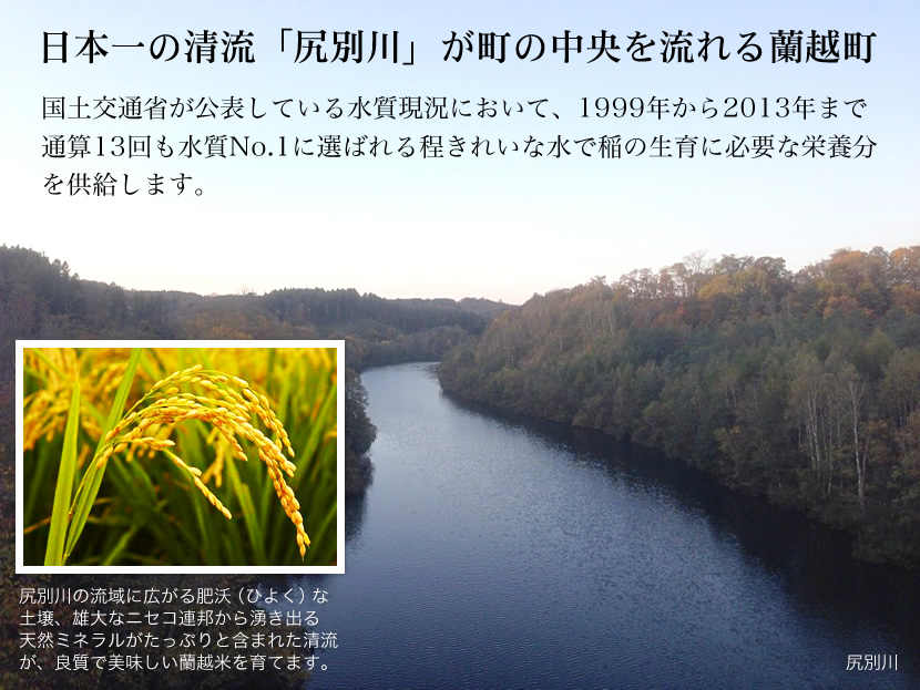 日本一の清流「尻別川」が町の中央を流れる蘭越町。国土交通省が公表している水質現況において、1999年から2013年まで通算13回も水質No.1に選ばれる程きれいな水で稲の生育に必要な栄養分を供給します。尻別川の流域に広がる肥沃（ひよく）な土壌、雄大なニセコ連邦から湧き出る天然ミネラルがたっぷりと含まれた清流が、良質で美味しい蘭越米を育てます。